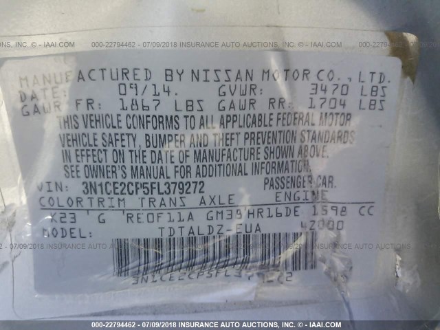 3N1CE2CP5FL379272 - 2015 NISSAN VERSA NOTE S/S PLUS/SV/SL/SR SILVER photo 9