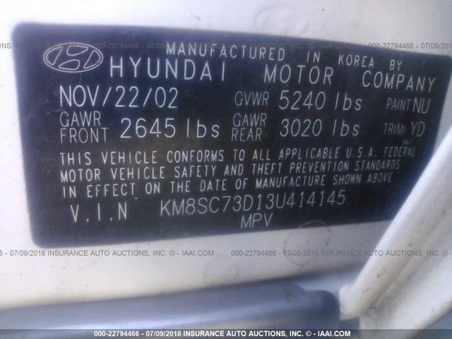 KM8SC73D13U414145 - 2003 HYUNDAI SANTA FE GLS/LX WHITE photo 9