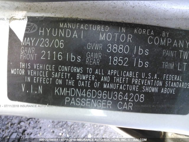 KMHDN46D96U364208 - 2006 HYUNDAI ELANTRA GLS/GT/LIMITED SILVER photo 9