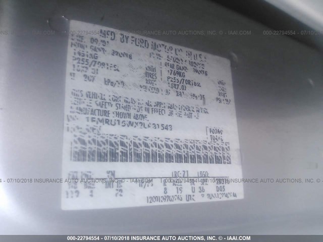 1FMRU15WX2LA31543 - 2002 FORD EXPEDITION XLT SILVER photo 9