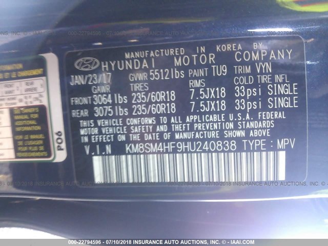 KM8SM4HF9HU240838 - 2017 HYUNDAI SANTA FE SE BLUE photo 9