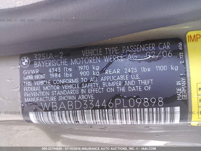 WBABD33446PL09898 - 2006 BMW 325 CI GOLD photo 9
