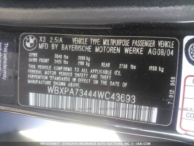 WBXPA73444WC43693 - 2004 BMW X3 2.5I BLACK photo 9