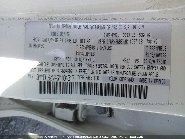 3MYDLBZV4GY104317 - 2016 TOYOTA SCION IA WHITE photo 9