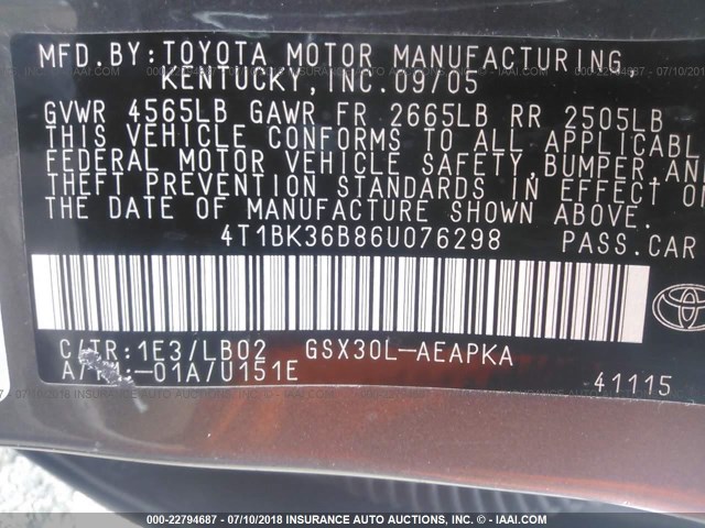 4T1BK36B86U076298 - 2006 TOYOTA AVALON XL/XLS/TOURING/LIMITED GRAY photo 9