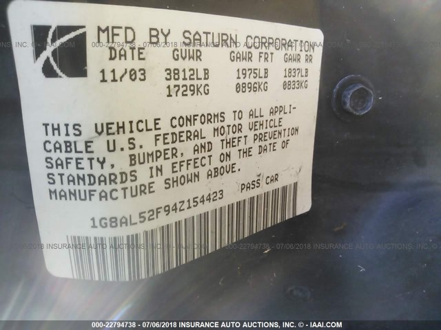 1G8AL52F94Z154423 - 2004 SATURN ION LEVEL 3 MAROON photo 9