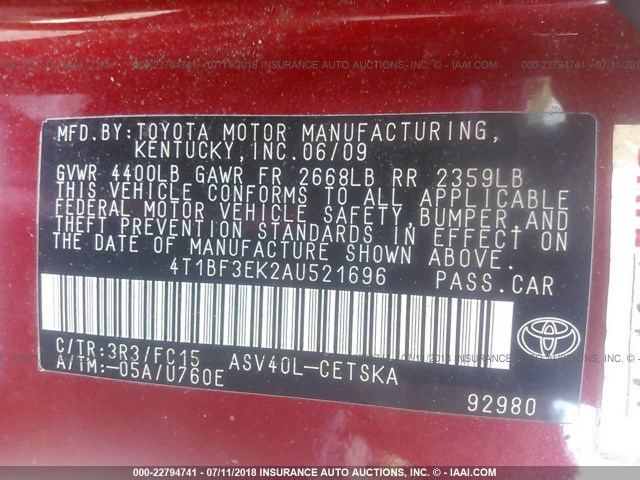4T1BF3EK2AU521696 - 2010 TOYOTA CAMRY SE/LE/XLE 红色 照片 9