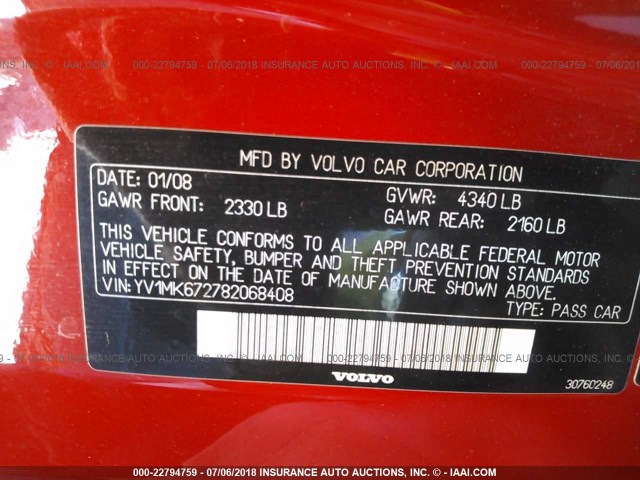 YV1MK672782068408 - 2008 VOLVO C30 T5 RED photo 9