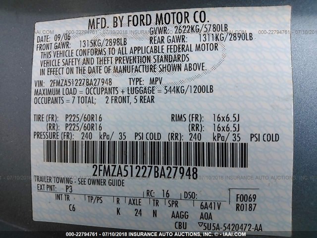 2FMZA51227BA27948 - 2007 FORD FREESTAR SE BLUE photo 9