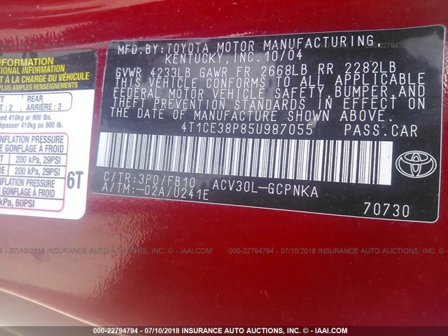 4T1CE38P85U987055 - 2005 TOYOTA CAMRY SOLARA SE/SLE წითელი ფოტო 9