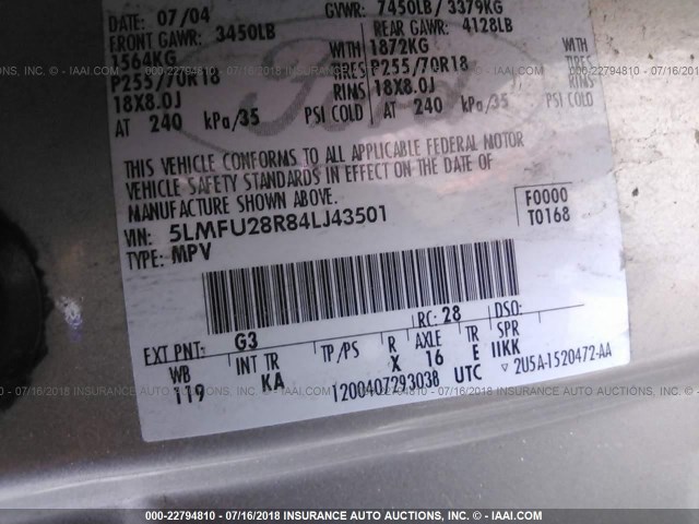 5LMFU28R84LJ43501 - 2004 LINCOLN NAVIGATOR BEIGE photo 9