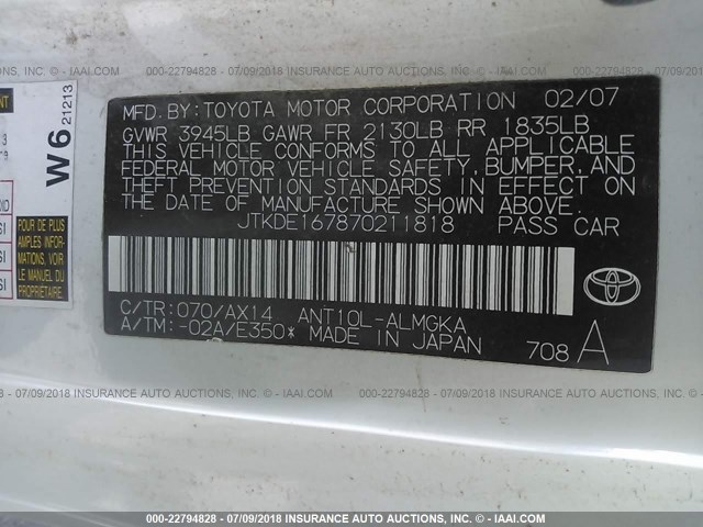 JTKDE167870211818 - 2007 TOYOTA SCION TC 白色 照片 9