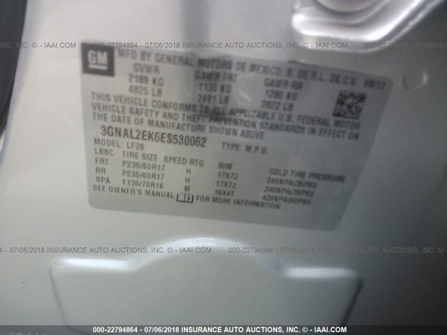 3GNAL2EK6ES530062 - 2014 CHEVROLET CAPTIVA LS 银色 照片 9