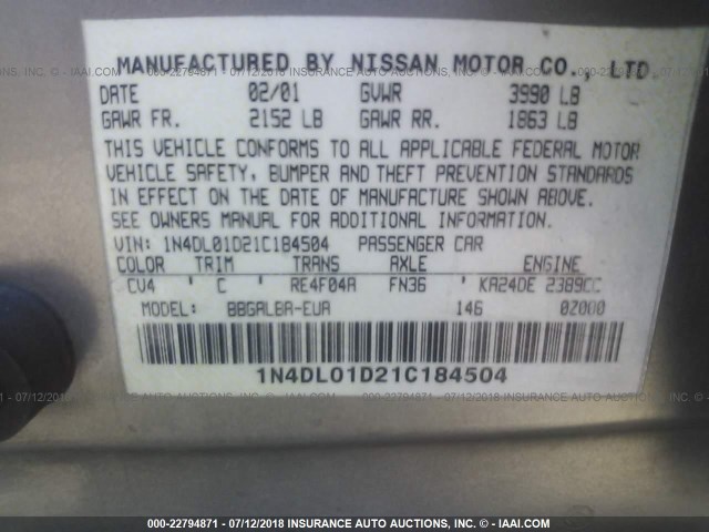 1N4DL01D21C184504 - 2001 NISSAN ALTIMA XE/GXE/SE GOLD photo 9