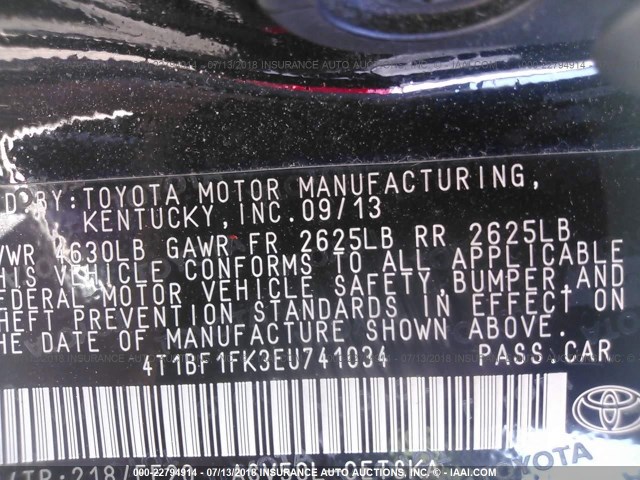 4T1BF1FK3EU741034 - 2014 TOYOTA CAMRY L/SE/LE/XLE 黑色 照片 9