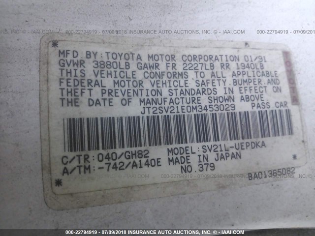 JT2SV21E0M3453029 - 1991 TOYOTA CAMRY DLX WHITE photo 9