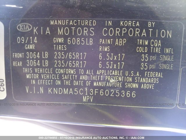 KNDMA5C13F6025366 - 2015 KIA SEDONA L BLACK photo 9