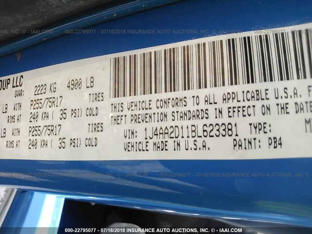 1J4AA2D11BL623381 - 2011 JEEP WRANGLER SPORT 蓝色 照片 9