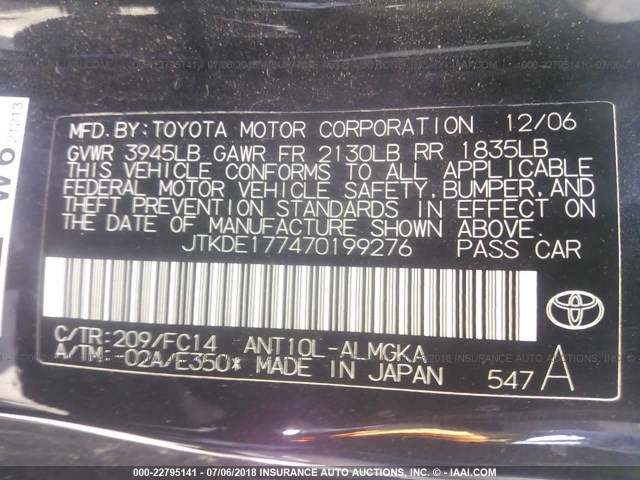 JTKDE177470199276 - 2007 TOYOTA SCION TC 黑色 照片 9