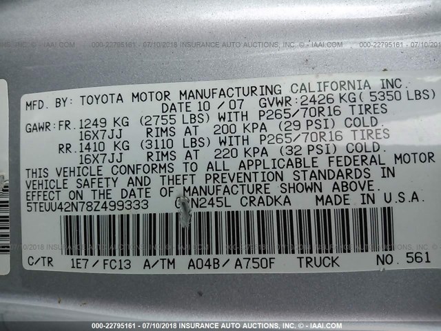 5TEUU42N78Z499333 - 2008 TOYOTA TACOMA ACCESS CAB Күміс фото 9