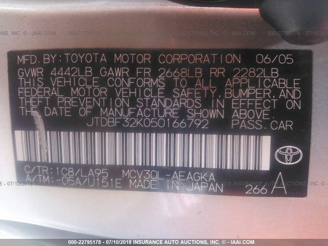 JTDBF32K050166792 - 2005 TOYOTA CAMRY LE/XLE/SE Gümüş foto 9