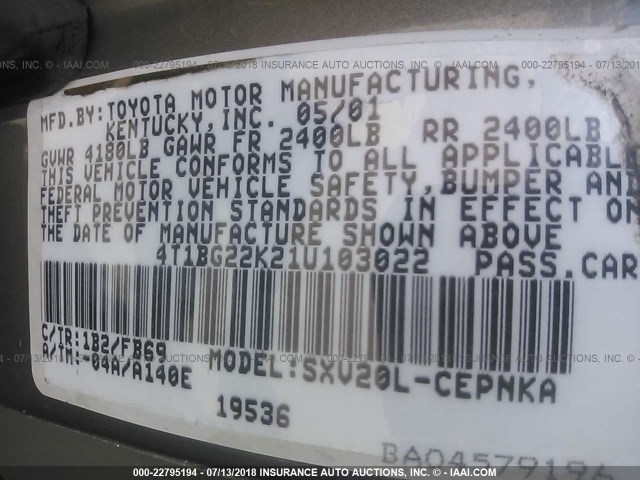 4T1BG22K21U103022 - 2001 TOYOTA CAMRY CE/LE/XLE 灰色 照片 9