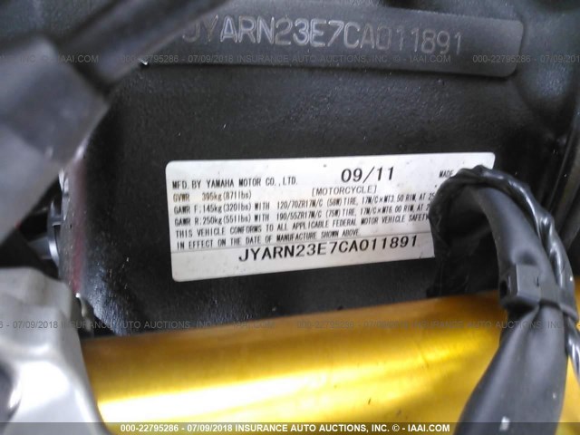 JYARN23E7CA011891 - 2012 YAMAHA YZFR1 RED photo 10