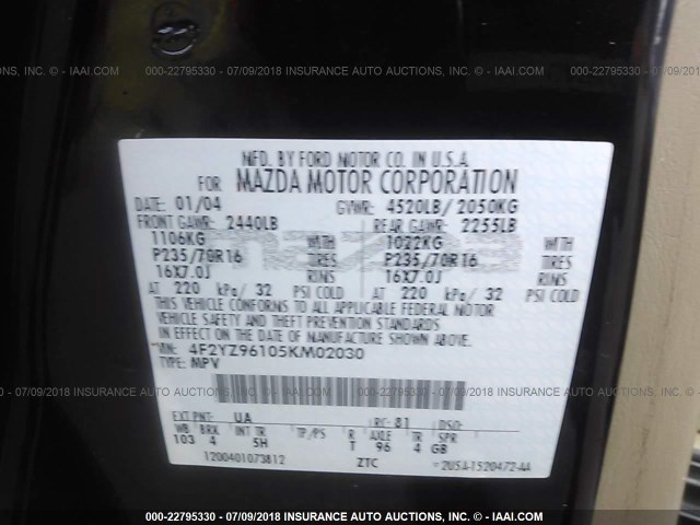 4F2YZ96105KM02030 - 2005 MAZDA TRIBUTE S BLACK photo 9