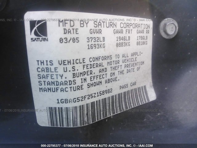 1G8AG52F25Z158982 - 2005 SATURN ION LEVEL 1 SILVER photo 9