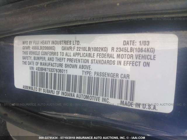 4S3BH675337636011 - 2003 SUBARU LEGACY OUTBACK AWP 深蓝色 照片 9