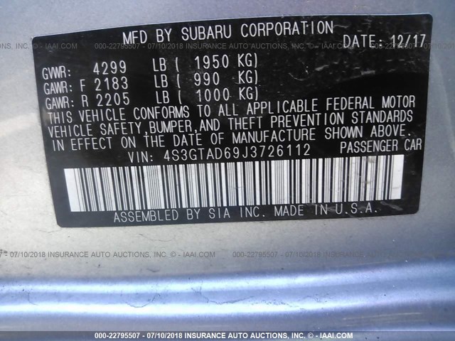 4S3GTAD69J3726112 - 2018 SUBARU IMPREZA PREMIUM PLUS SILVER photo 9