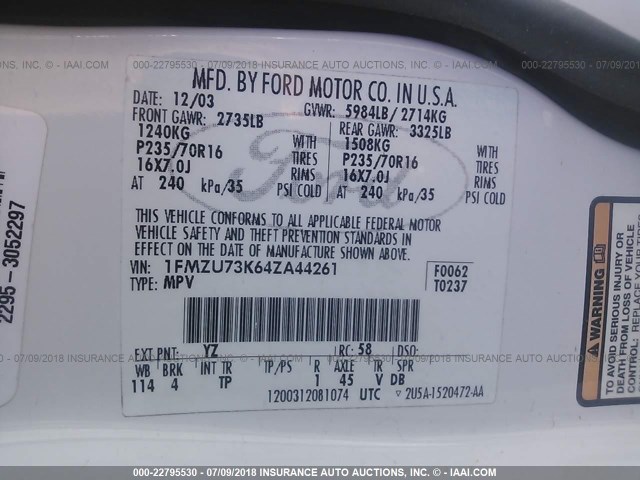 1FMZU73K64ZA44261 - 2004 FORD EXPLORER XLT/XLT SPORT/NBX 白色 照片 9