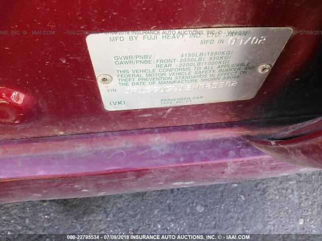 JF1SG65613H725302 - 2003 SUBARU FORESTER 2.5XS მუქწითელი ფოტო 9