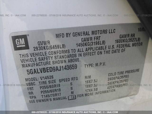 5GALVBED9AJ143659 - 2010 BUICK ENCLAVE CXL თეთრი ფოტო 9