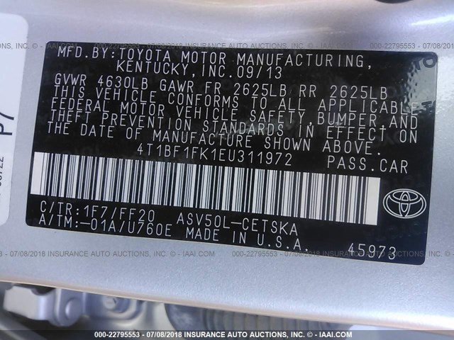 4T1BF1FK1EU311972 - 2014 TOYOTA CAMRY L/SE/LE/XLE 银色 照片 9