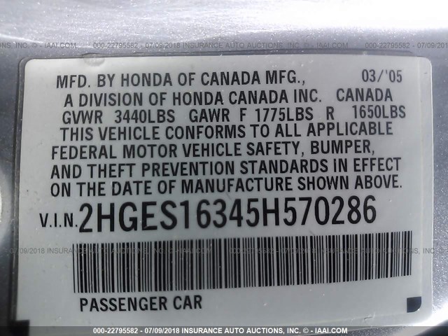 2HGES16345H570286 - 2005 HONDA CIVIC DX VP ვერცხლისფერი ფოტო 9
