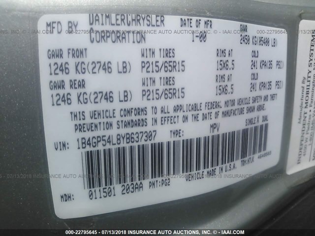 1B4GP54L8YB637307 - 2000 DODGE GRAND CARAVAN LE TAN photo 9