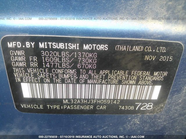 ML32A3HJ3FH059142 - 2015 MITSUBISHI MIRAGE DE BLUE photo 9