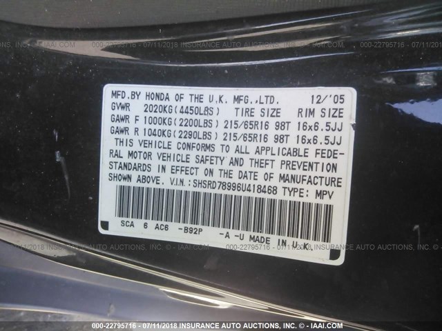 SHSRD78996U418468 - 2006 HONDA CR-V SE/EX BLACK photo 9