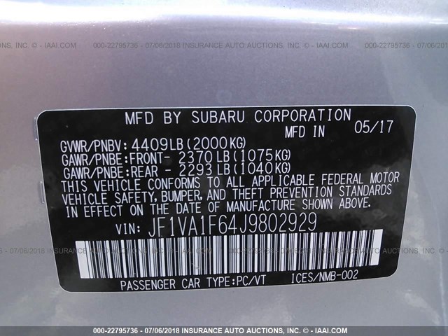 JF1VA1F64J9802929 - 2018 SUBARU WRX PREMIUM SILVER photo 9