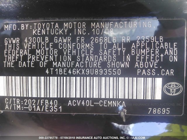 4T1BE46KX9U893550 - 2009 TOYOTA CAMRY SE/LE/XLE 黑色 照片 9
