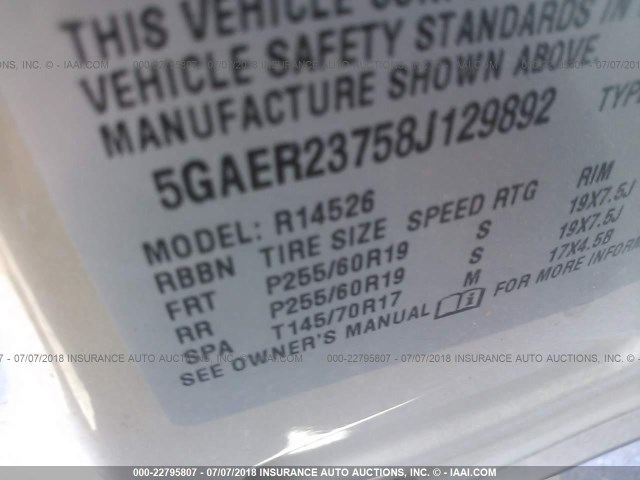 5GAER23758J129892 - 2008 BUICK ENCLAVE CXL Beige photo 9