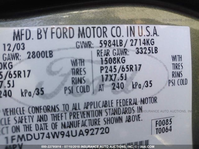 1FMDU74W94UA92720 - 2004 FORD EXPLORER EDDIE BAUER GREEN photo 9