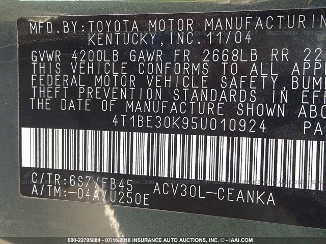 4T1BE30K95U010924 - 2005 TOYOTA CAMRY LE/XLE/SE Yaşıl foto 9