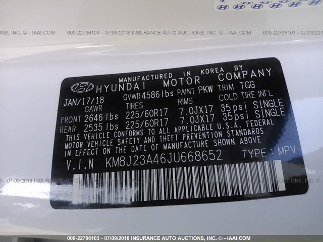 KM8J23A46JU668652 - 2018 HYUNDAI TUCSON SE WHITE photo 9