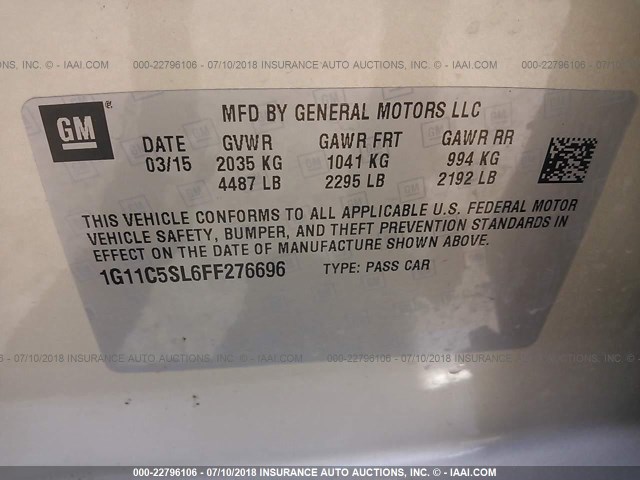 1G11C5SL6FF276696 - 2015 CHEVROLET MALIBU 1LT 金色 照片 9