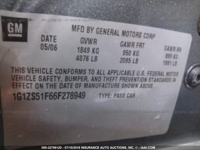 1G1ZS51F66F278949 - 2006 CHEVROLET MALIBU LS ბეჟი ფოტო 9