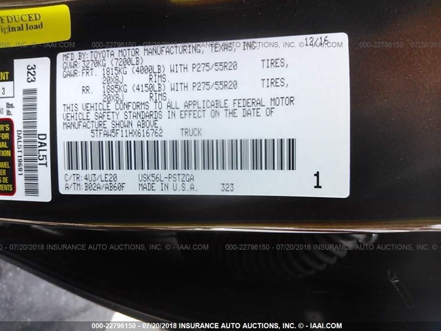 5TFAW5F11HX616762 - 2017 TOYOTA TUNDRA CREWMAX 1794/PLATINUM 棕色 照片 9
