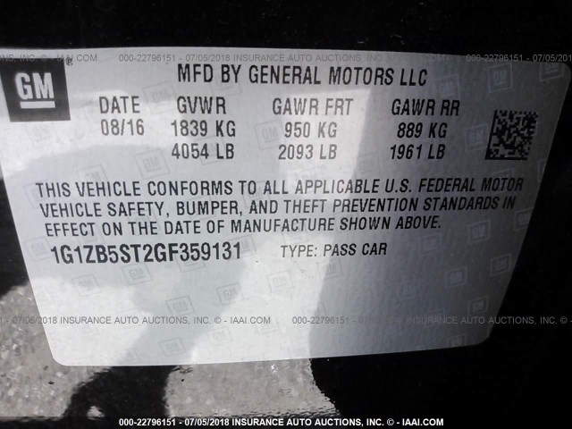 1G1ZB5ST2GF359131 - 2016 CHEVROLET MALIBU LS BLACK photo 9