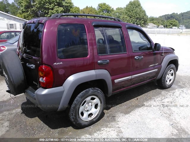 1J4GL48K92W209735 - 2002 JEEP LIBERTY SPORT MAROON photo 4